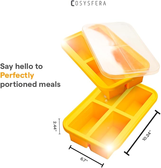 Silicone Freezer Tray with Lid – 1 Cup Portion Mold (4 Portions), Reusable Food Storage Container for Meal Prep, Soup, Sauce, Broth and Leftovers - DPA free - Microwave, Oven and Dishwasher Safe