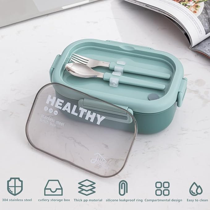 Lille Home 28oz Stainless Steel Leakproof 2-Compartment Bento Lunch Box/Portion Control Food Container with Lunch Bag and Cutlery Set, BPA Free