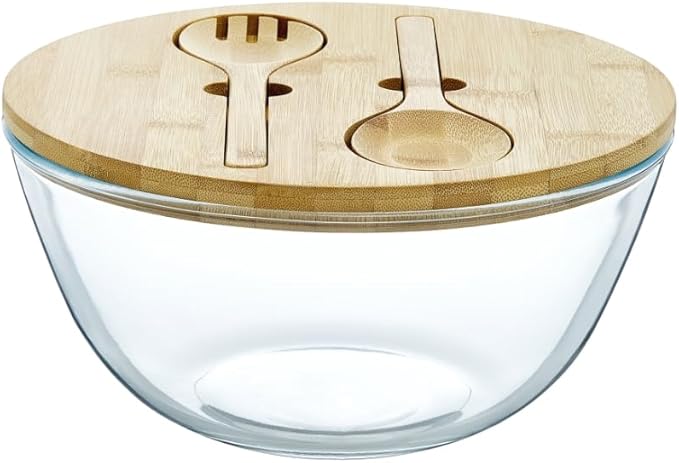 Glass Salad Bowl, 10.6" Salad Bowl with Bamboo Lid, Glass Mixing Bowls, Serving Bowls, Large Salad Bowls Set with Utensils, Trifle Bowl Fruit Bowl for Salad, Pasta, Fruit, Desserts