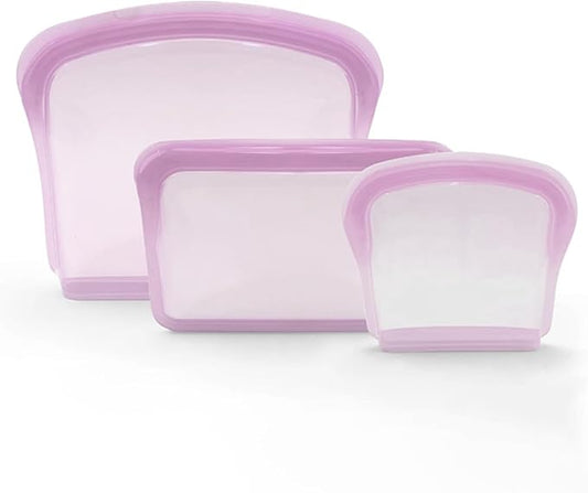 KVK Platinum Reusable Silicone Bags - Flat Silicone Pocket Snack Sandwich Bags - Double Lock Leakproof Silicone Food Storage Bags Oven Freezer Dishwasher Safe - Lavender