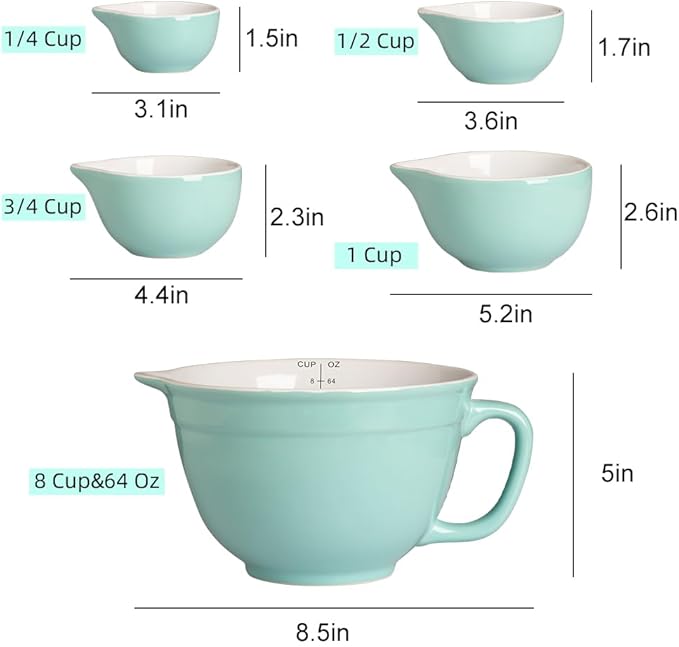 Sweejar Porcelain Mixing Bowl with Scale, Ceramic Serving Container for Kitchen, Nesting Bowl with Handle, Using for Baking, Prepping, Cooking, Set of 5 (Turquoise)