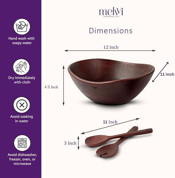Melvvi Large Wooden Salad Bowl Set – 12" Acacia Wood Serving Bowl with 2 Utensils | Scratch-Resistant - For Salad, Pasta & Fruits | Great Gift for Fathers | Kitchen & Dining (Royal Brown)