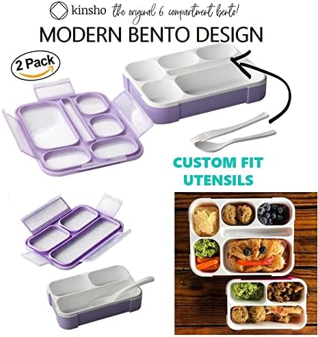 Bento Lunch-Box and Snack Container Set for Kids, 6 and 3 Compartment Boxes Leakproof School Bentos Meal Portion Control Containers BPA Free, Boys Girls Adults, Purple Lilac Large + MINI 2 pack
