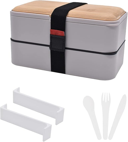 1200ML Bento Boxes, Japanese Lunch Boxes, 2 Stackable Food Containers,for Adults, Men&Women, with Nylon Sealing Strap,Built-In Reusable Cutlery,BPA Free,Bamboo Lid,Microwave Safe (GREY)