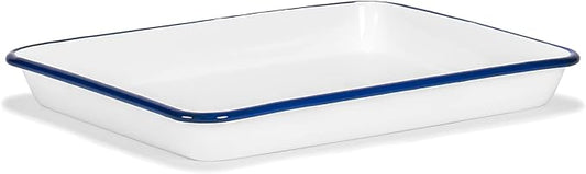 Red Co. 11" x 9" Enamelware Metal Classic 2 Quart Rectangular Serving Tray, Solid White/Navy Blue Rim