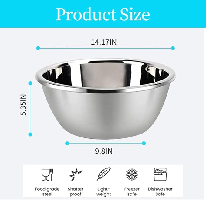meleg otthon Stainless Steel Mixing Bowls, 13.5QT Metal Bowls, Salad Bowl, Heavy Duty Deeper Edge Mirror Finish Dishwasher Safe Bowl(14.17'' diameter x 5.35''high)