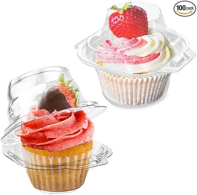 100 Pcs Cupcake Boxes Plastic Individual Cupcake Containers Single Cupcake Carrier with Connected Airtight Dome Lid for Party