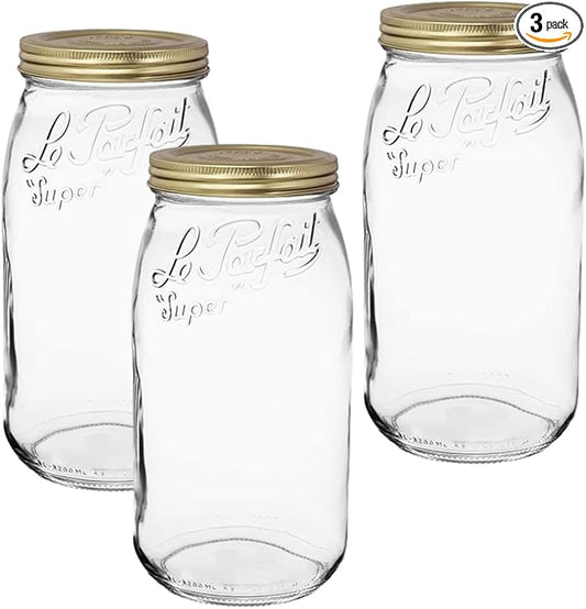 Le Parfait Screw Top Jar Wide Mouth French Glass Jar | Ideal for Food and Soup Storage, Canning, Flour, Brown Sugar, and other Baking Supplies (3L/96oz, Pack of 3, Gold)
