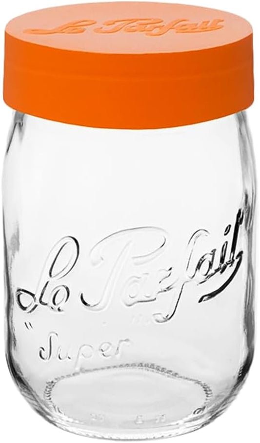 Le Parfait Screw Top Jar Wide Mouth French Glass Jar | Ideal for Food and Soup Storage, Canning, Flour, Brown Sugar, and other Baking Supplies (1L/32oz, Single, Orange)