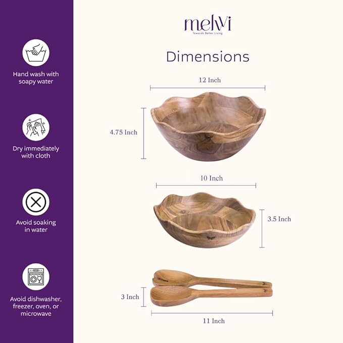 Wooden Salad Bowls Set of 2 with 2 Serving Utensils | 10" & 12 inch Extra Large Natural Acacia Wood Mixing Bowls | Beautiful Gift for Fathers