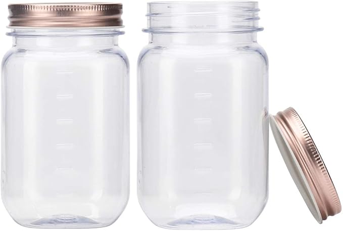 Novelinks 16 Ounce Clear Plastic Jars with Rose Gold Lids - Refillable Round Containers for Kitchen & Household Storage - BPA Free (10 Pack)