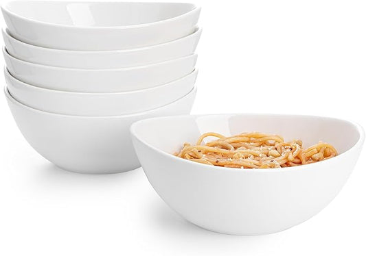 Sweese 7 Inch Porcelain 28 oz Bowls Set of 6, for Soup | Cereal | Pasta | Salad | Ramen | - Microwave, Dishwasher, and Oven Safe - White
