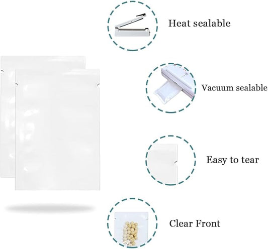PABCK 100 Pack 3.5x5.1 inch (Usable Size 3.1x4.7 inch) White Front Clear Open Top 2.8mil Plastic Vacuum Pouch Heat Sealable Bags for Food Storage Packets Mini Sample with Tear Notches