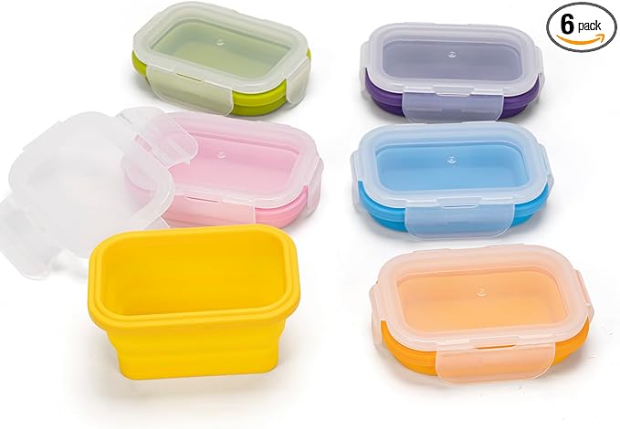 Collapsible Food Storage Containers with Lids, Small Silicone Snack Containers, Stackable Portion Control Containers, Mini Fridge Organizer, Microwave Freezer Dishwasher Safe, 6.5oz, 6 Pack