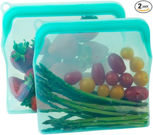 Two-30 oz 100% Silicone Bags Reusable Storage - Freezer Bags - Eco-friendly, Food-Grade, Leak-Proof Zipper Bags - 2 Pack Reusable Silicone Bags For Food Storage (4 Cups/ 30 oz.)