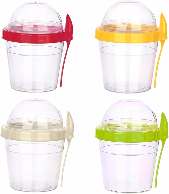 4 Pack 17 oz Small Breakfast On The Go Yogurt Parfait Cups, Reusable Plastic Containers with Lids and Spoons, Perfect Jars for Overnight Oats Cereal Granola Oatmeal (4 Colors - Set 2)
