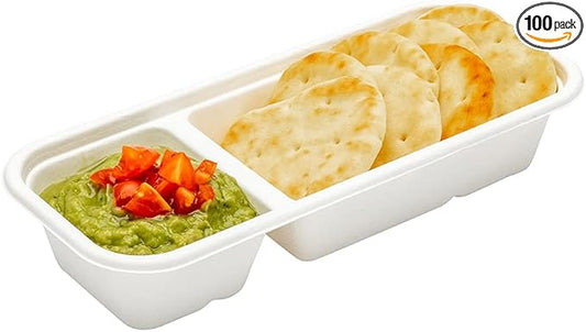 Restaurantware Pulp Tek 9.2 x 3.8 x 1.8 Inch Takeaway Food Boxes 100 Microwavable Take Out Containers - Lids Sold Separately Freezable White Bagasse Catering Food Containers 2 Compartments