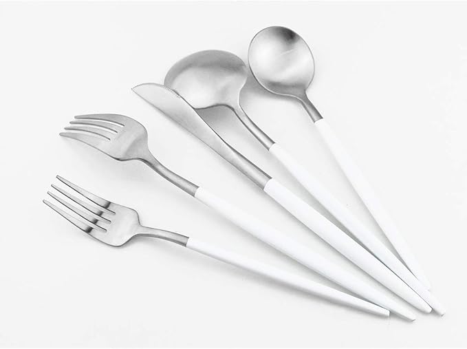 White Silver Flatware, Royal 5-Piece Matte White Handle 18/10 Stainless Steel Tableware Sets for 1 Including Forks Spoons Knives, Camping Silverware Travel Utensils Set Cutlery (White Silver)