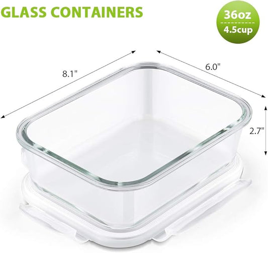 Bayco Large Glass Meal Prep Containers, [5 Pack, 36oz | 4.5cups] Glass Food Storage Containers with Lids, Airtight Glass Bento Boxes, BPA Free & Leak Proof (5 lids & 5 Containers)