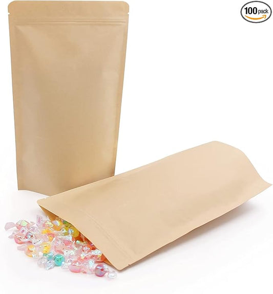 SumDirect Kraft Stand Up Pouches - 100 Pack Self-Sealing Zipper Food Storage Reusable Bags with Foil Lined for Home or Business (7x12 Inch,100PCS)