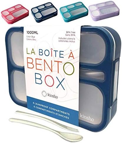 kinsho Bento Lunch Box Kids, Leakproof Lunch Containers for Boys Girls Adults with 6 Compartments - School, Daycare, Meal Planning Portion Control Container, BPA-Free Boxes, Utensils, Navy Blue