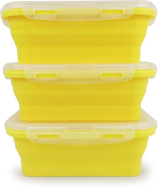 CCyanzi Set of 3 Yellow Collapsible Food Containers Collapsible Camping Bowl Silicone Storage Containers, Safe to Microwave and Freezer, 800ml