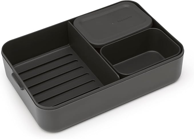 Brabantia Make & Take Bento Lunch Box (Dark Gray) 2 Compartments & Lidded Pot, Lift-Out Tray Divider, BPA-Free, Airtight Snap Locks, Microwave & Freezer Safe, Travel Meal Prep Container