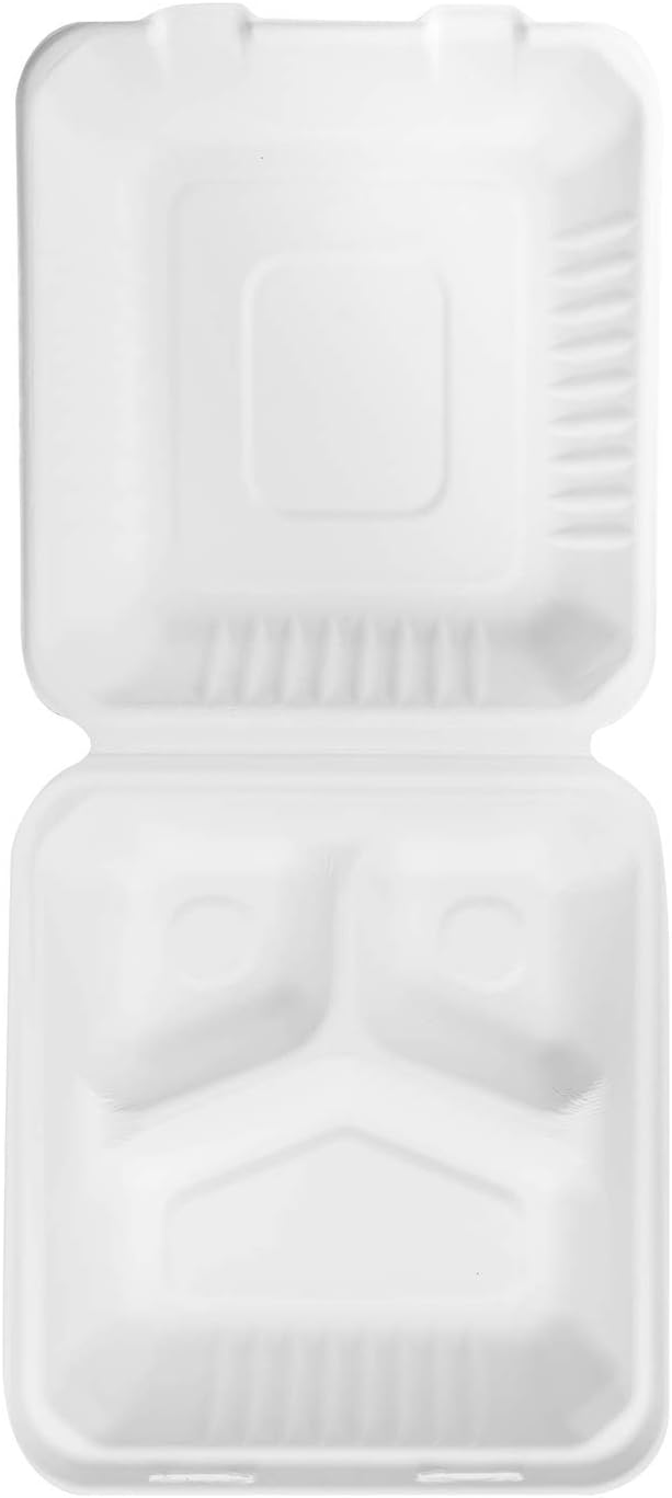 KARAT EARTH Clamshell Take Out Food Containers [8"x8", 200 ct ] 3 Compartments | Compostable To Go Containers, Natural Biodegradable Bagasse | White