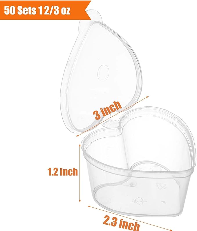100 Sets 1 1/2 oz Heart Shaped Jello Shot Cups with Lids, Small Condiment Containers, Disposable Portion Cups, Plastic Souffle Cup, Mini Sample Tasting Cups, Dipping Sauce Cup To Go Bowls, Clear