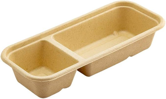 Restaurantware Pulp Tek 9.2 x 3.8 x 1.8 Inch Takeaway Food Boxes 100 Microwavable Take Out Containers - Lids Sold Separately Freezable Bagasse Catering Food Containers 2 Compartments 17 Ounces