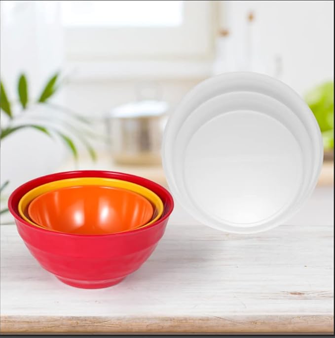 Mixing bowl set with lids, 6 piece melamine nesting bowl set for pasta baking salad mixing, set of 3, three colours,