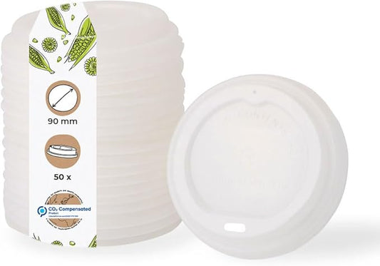 BIOZOYG Coffee Cup Lids 50 Pack White - 3.5 in Dome Lids for 10 oz, 12 oz, 16 oz Coffee Cups - Bioplastic Hot Lid