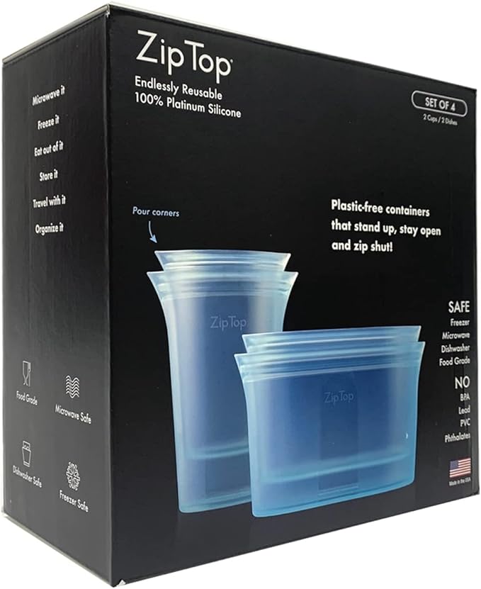 Zip Top Reusable Food Storage Bags | 4 Piece Cup/Dish Set [Teal] - Medium, Large | Silicone Meal Prep Container | Microwave, Dishwasher and Freezer Safe | Made in the USA
