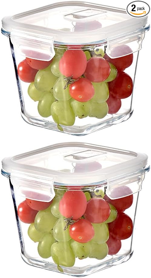 3.5Cup Glass Large Storage Container set, Glass Soup Container with Airtight Lids, Glass Food Prep Container, Leakproof Overnight Oats Jars, Microwave & Dishwasher Safe (2 Pack - Square)