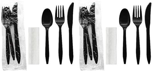 Party Essentials Individually Wrapped Plastic Cutlery Packets/Silverware Kits, Black Fork/Spoon/Knife/Napkin, 100 Sets (Pack of 2)