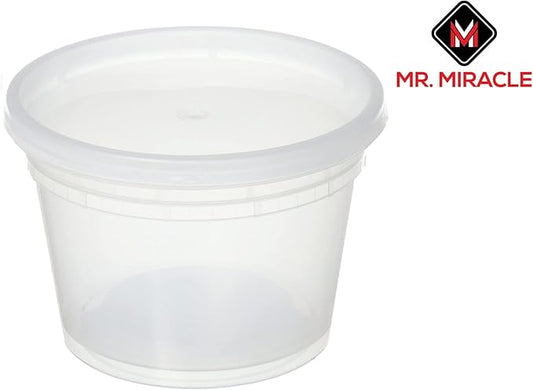 Mr Miracle 16 oz Clear Deli Containers with Lids. Pack of 12. Airtight Reusable Plastic Food and Multi-Purpose Containers. Microwave, Freezer and Dishwasher Safe