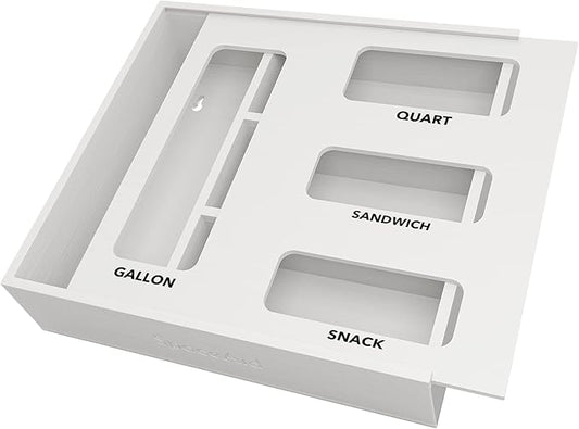 SpaceAid Bag Storage Organizer for Kitchen Drawer, Bamboo Organizer, Compatible with Gallon, Quart, Sandwich and Snack Variety Size Bag (1 Box 4 Slots), White