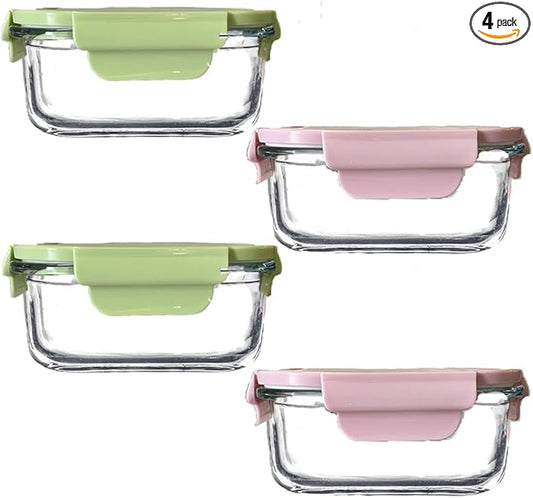 Square Glass Food storage Containers with Airtight Lids, 2 cup Food Meal Prep Containers, Glass Bowl For Lunch Sandwich Fruit Snack, Dishwasher Microwave Freezer Safe- (Pink+Green)