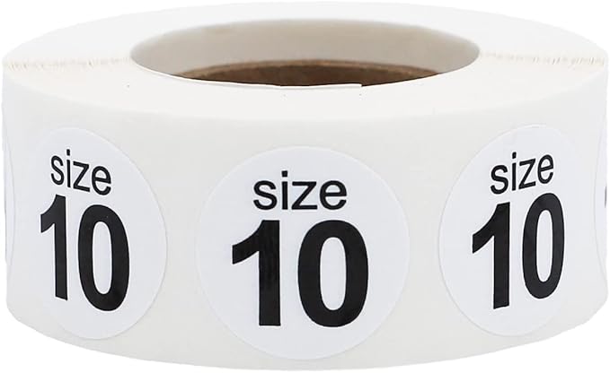 Shoe Size 10 White Stickers - 3/4 Inch Round, 500 Semi-Gloss Adhesive Labels Per Roll for Retail, Footwear Inventory, and Organization - Made in The USA