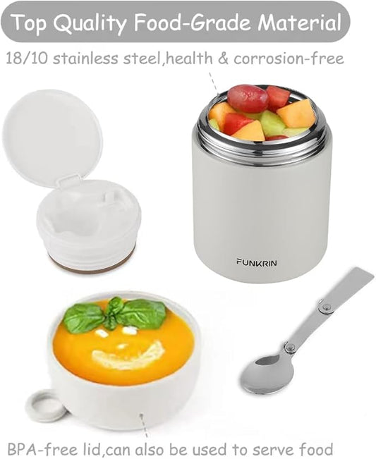 Funkrin 16oz Insulated Food Jar with Folding Spoon,Stainless Steel Lunch Bento Box for Kids Adults, Vacuum Leak Proof Soup Container for Hot & Cold Food