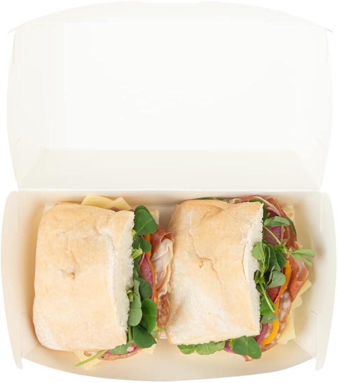 Restaurantware Bio Tek 6.7 x 3.5 x 3.5 Inch Clamshell Food Containers 100 Disposable Sandwich Containers - Hinged Lid Tab-Lock Closure White Paper Hot Dog Containers Recyclable Greaseproof