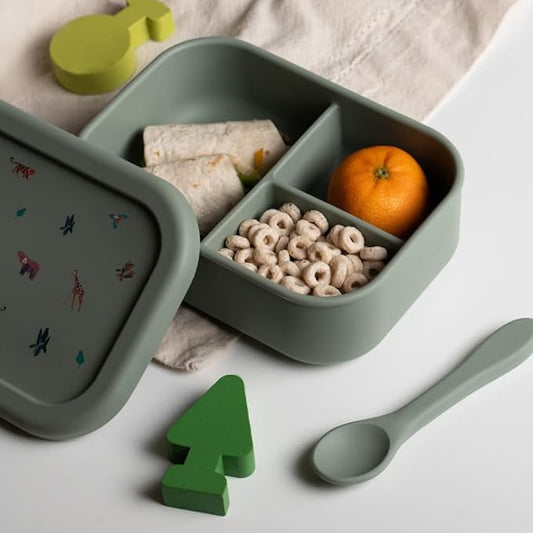 Silicone Bento Box For Kids And Toddlers - 3 Leakproof Compartments - Dishwasher, Oven And Microwave Safe - Eco friendly BPA free - For Daycare Elementary School Lunch, Snacks (Green Forest)