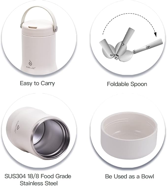 Ideus 20 oz Insulated Soup Thermo with Foldable Spolk and Bowl, All-in-one Stainless Steel Vacuum Thermal Food Jar for Lunch, Leakproof Bento Lunchbox Portable Soup Container, White