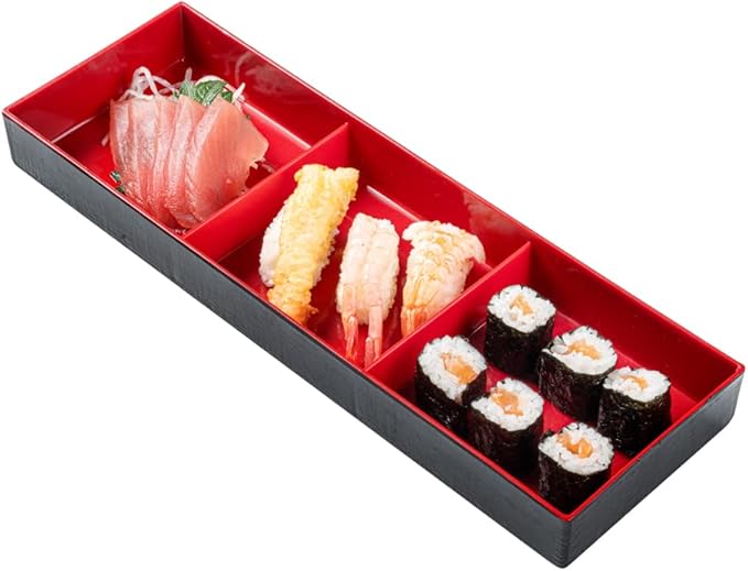 Restaurantware-14 x 4.6 x 2.4 Inch Compartment Lunch Container, 1 Japanese Style Adult Lunch Container - With 3 Compartments, Greaseproof, Black & Red Plastic Divided Lunch Box, For Hot & Cold Food