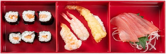 Restaurantware-14 x 4.6 x 2.4 Inch Compartment Lunch Container, 1 Japanese Style Adult Lunch Container - With 3 Compartments, Greaseproof, Black & Red Plastic Divided Lunch Box, For Hot & Cold Food