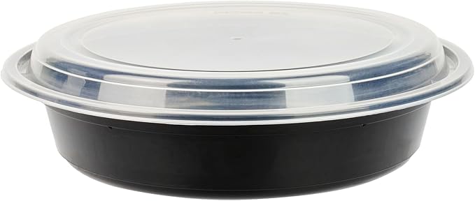Restaurantware Asporto 48 Ounce To Go Boxes 100 Microwavable Take Out Food Containers - Clear Plastic Lids Included Do Not Contain BPA Black Plastic Catering Food Containers Disposable Round