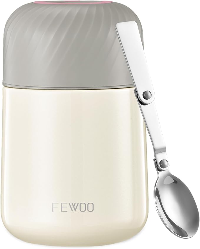 FEWOO Food Jar - 20oz Vacuum Insulated Soup Container, Stainless Steel Lunch Box for Kids Adult, with Folding Spoon for Hot or Cold Food (White)