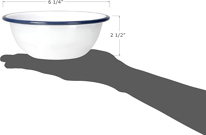 Red Co. Set of 4 Enamelware Metal Classic 20 oz Round Cereal Bowl, Solid White/Navy Blue Rim