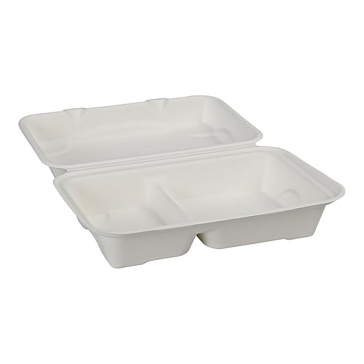 ECO PRODUCTS Compostable Vanguard 9"x6" Clamshell To Go Containers, Case of 250, 2 Compartment, Take Out Food Box, White Renewable Molded Fiber, No-Added PFAS, ASTM Compliant, BPI-Certified