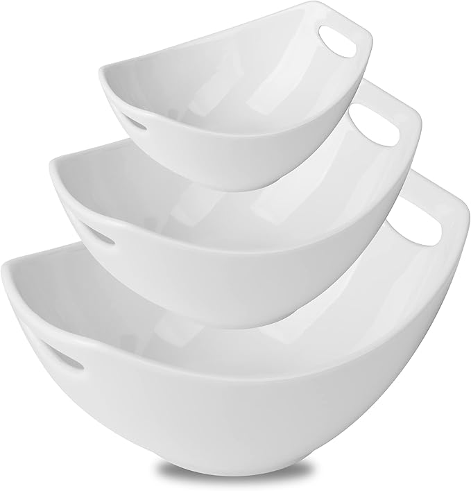 Gomakren Serving Bowls with Handles, Serving Dishes, Porcelain Salad Bowls Mixing Bowl for Entertaining, Nesting Bowl Set of 3, Microwave Dishwasher Safe, 15/28/47 oz, White